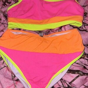 Neon Colorblock Bikini Set - Hot Pink, Neon Orange & Lime